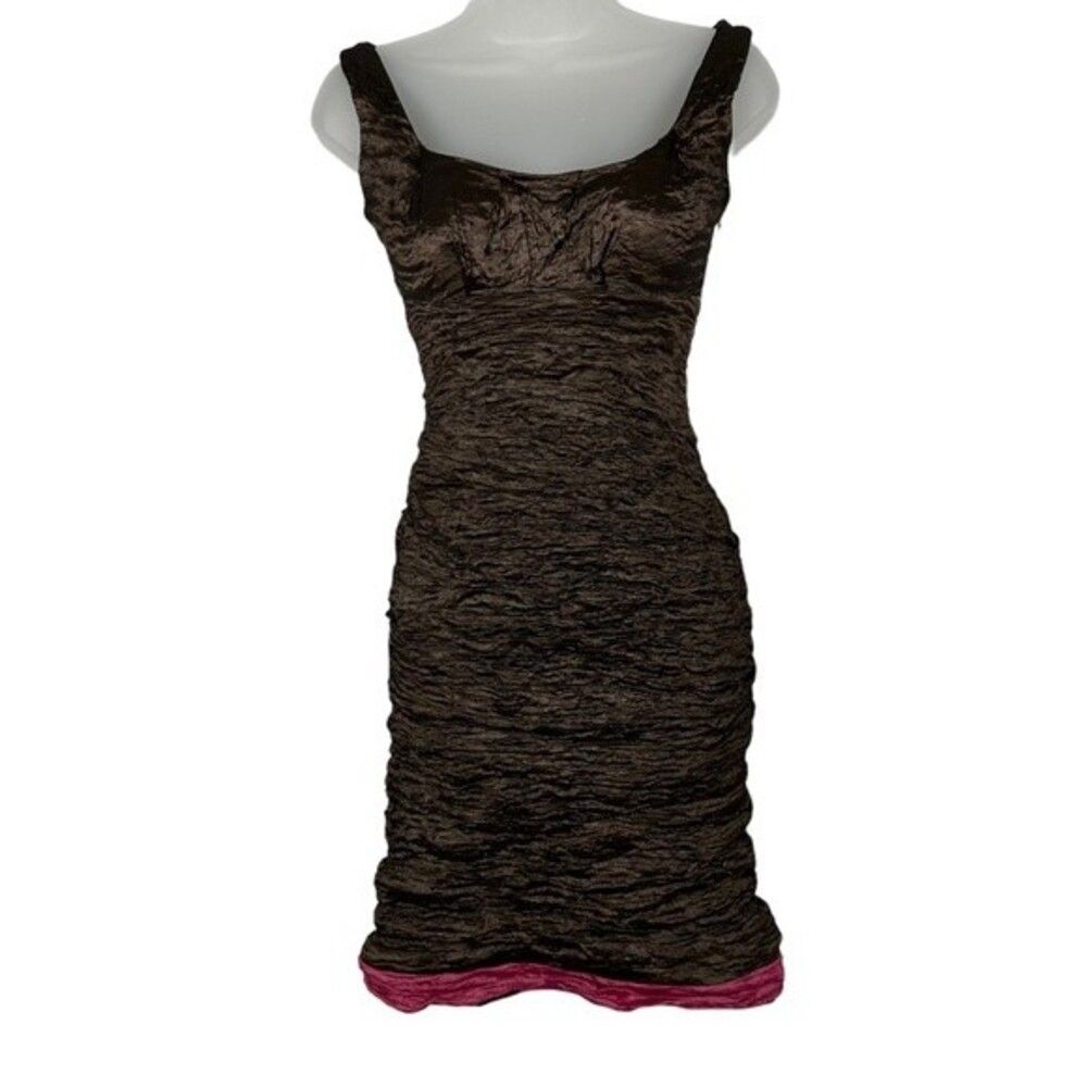 Nicole Miller Ruched Metallic Brown Midi Dress Sz 0